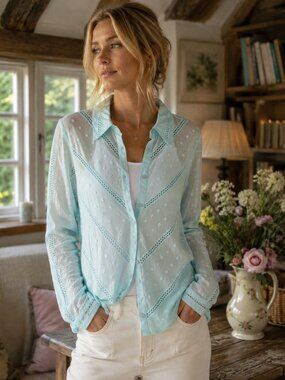 VTG Guess Collection Pale Turquoise Sheer Lace Button Down Blouse Y2K Medium